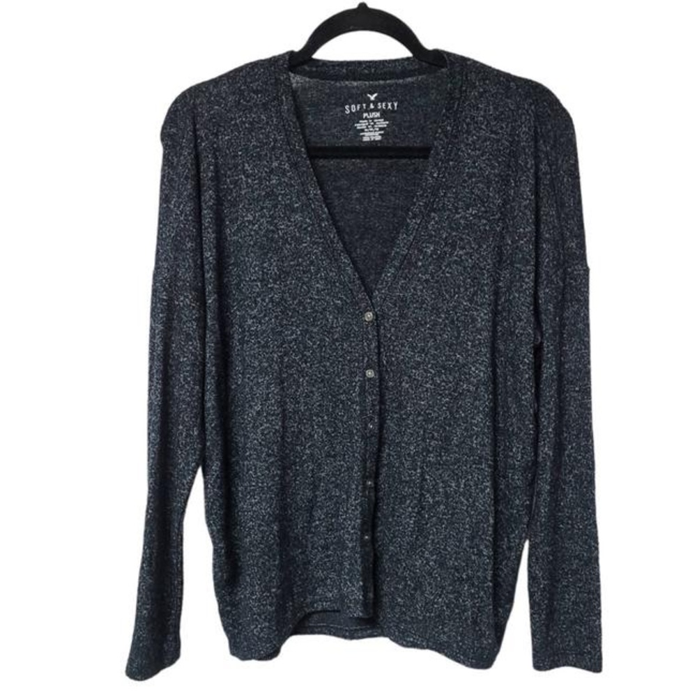 American Eagle Soft and Sexy Plush Button-Up Cardigan Gray Black /Grey Black